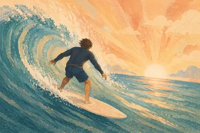 Surfer Riding Turquoise Wave at Sunrise
