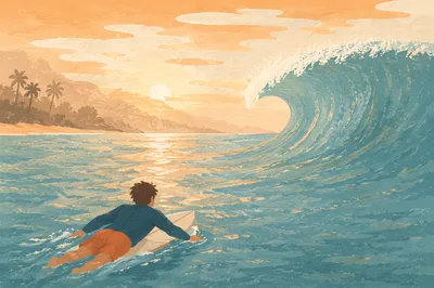 Surfer Paddling Toward Turquoise Sunrise Wave