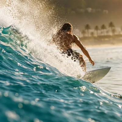 Surfer Riding Turquoise Wave at Sunset