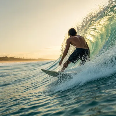 Surfer Riding Turquoise Wave at Golden Hour