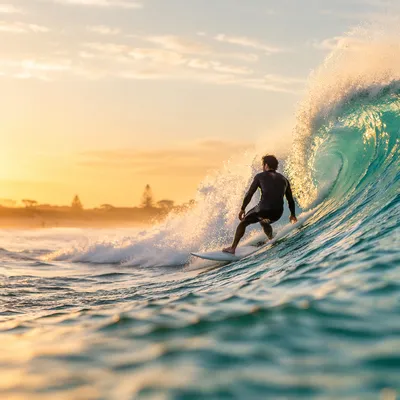 Lone Surfer Riding Turquoise Wave