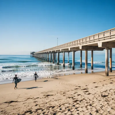 Summer Surfers by a Sunlit Ocean Pier