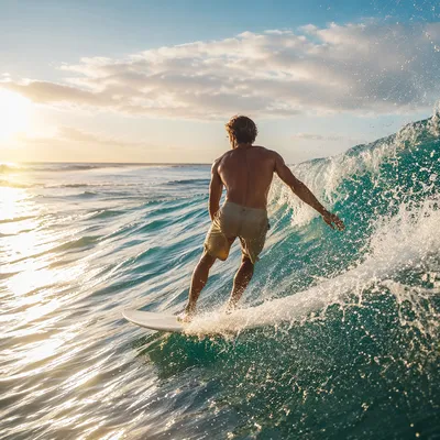 Surfer Riding Turquoise Wave at Sunrise