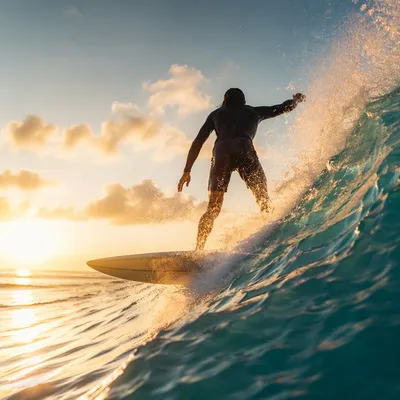 Surfer Riding Turquoise Sunrise Wave