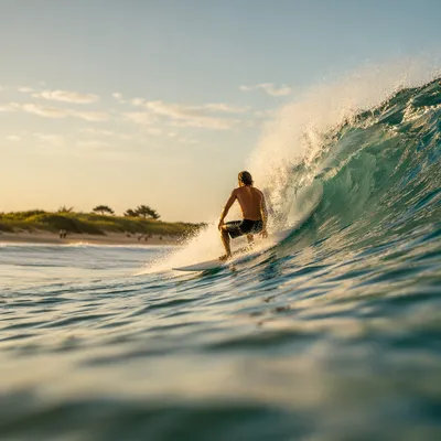 Golden Hour Surfer on Turquoise Wave