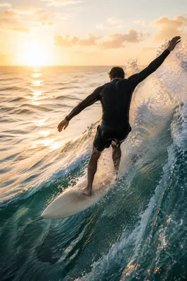 Surfer Riding Turquoise Sunrise Wave