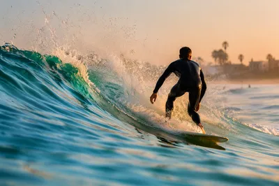 Lone Surfer Riding Turquoise Wave at Sunset