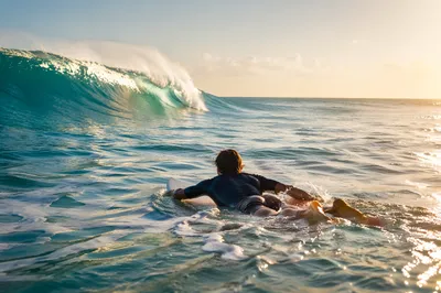Surfer Paddling Toward Turquoise Morning Wave