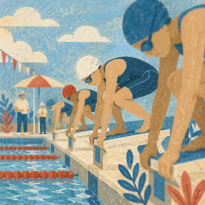 Competitive Swimmers on Pool Starting Blocks