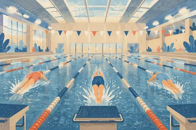 Indoor Swimming Race Start in Blue Lanes