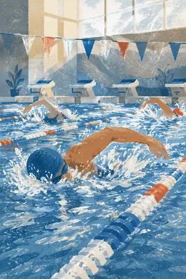 Competitive Swimming Race in Indoor Pool