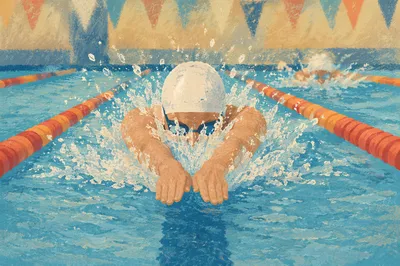 Dynamic Swimmer Racing Through Turquoise Pool Lanes