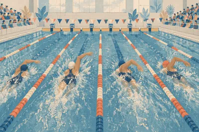 Competitive Swimming Race in Indoor Pool