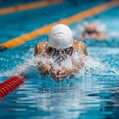Competitive Swimmer Racing Through Turquoise Pool Lane