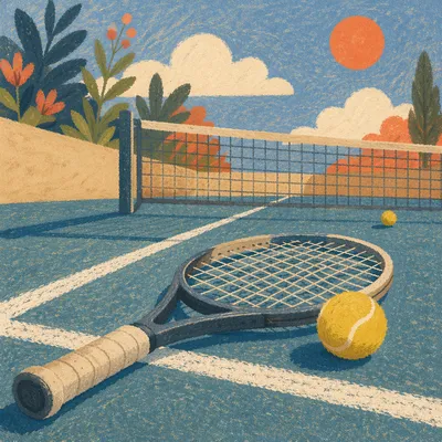 Sunny Tennis Court Racket and Ball