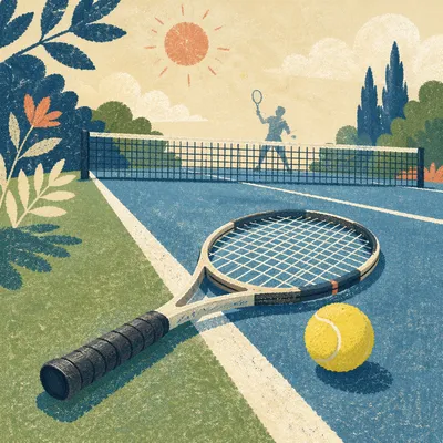 Sunny Tennis Court with Racket and Ball
