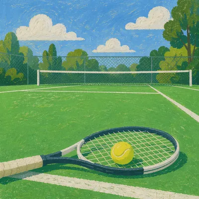 Sunny Tennis Court with Racket and Ball
