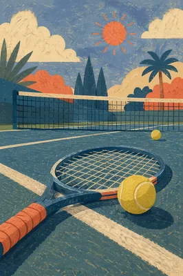 Sunny Tennis Court Racket and Ball