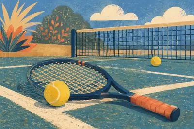 Sunny Tennis Court Racket and Ball