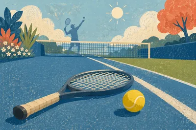 Sunny Tennis Court with Racket and Ball
