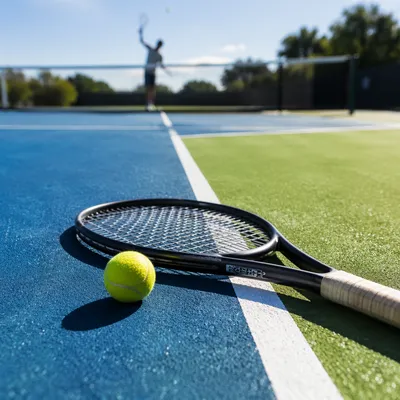 Sunny Tennis Court with Racket and Ball