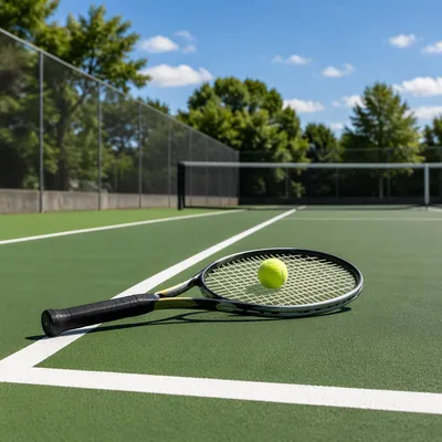 Sunny Tennis Court with Racket and Ball
