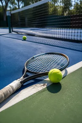 Sunny Tennis Court Racket and Ball
