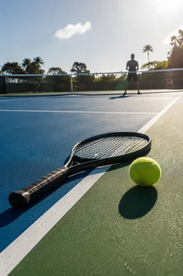 Sunny Tennis Court with Racket and Ball
