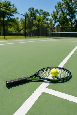 Sunny Tennis Court with Racket and Ball