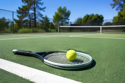 Sunny Tennis Court with Racket and Ball