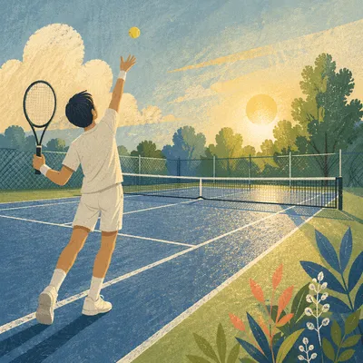 Early Morning Tennis Serve on Outdoor Court