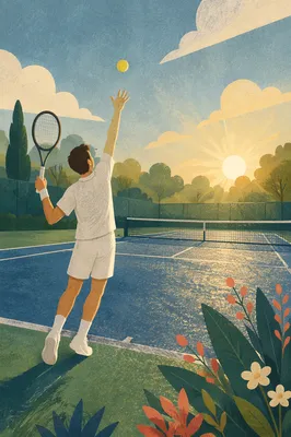 Early Morning Tennis Serve on Outdoor Court