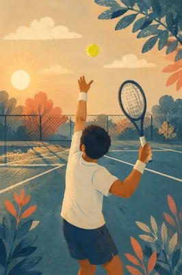 Golden Morning Tennis Serve on Court
