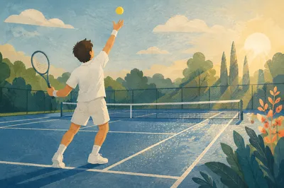 Early Morning Tennis Serve on Outdoor Court