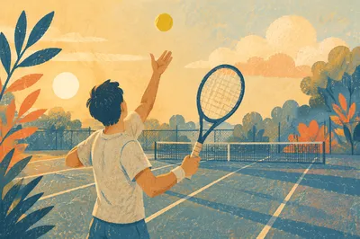 Golden Morning Tennis Serve on Court