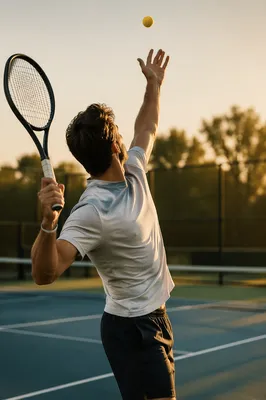 Golden Hour Tennis Serve on Outdoor Court