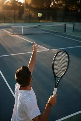 Golden Morning Tennis Serve on Hard Court
