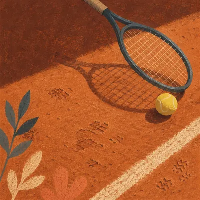 Tennis Racket and Ball on Clay Court