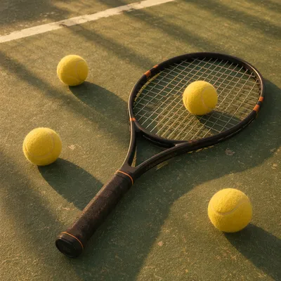 Tennis Racket and Balls on Court