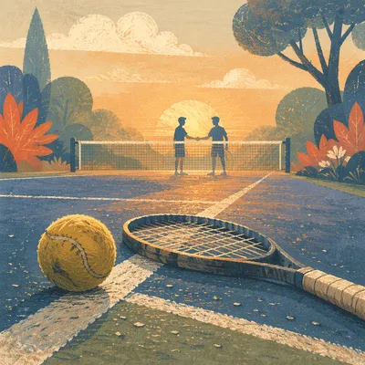 Sunrise Tennis Racket and Ball After Match