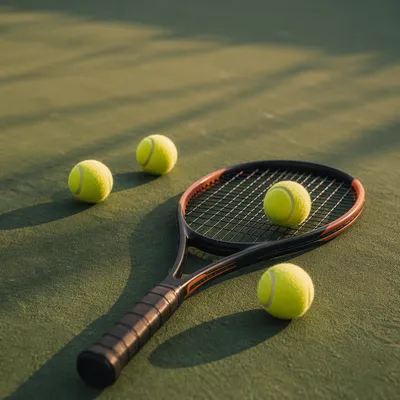 Tennis Racket and Balls on Court