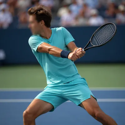 Tennis Player Mid Swing on Outdoor Court
