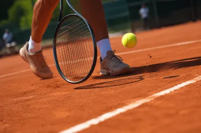 Tennis Racket and Ball on Clay Court