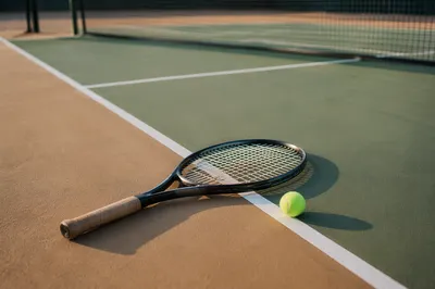 Tennis Racket and Ball at Match Point