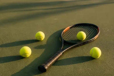 Tennis Racket and Balls on Court