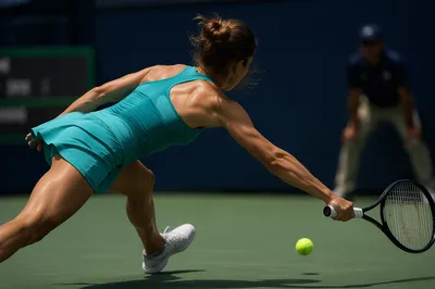Dynamic Tennis Match Return on Green Court