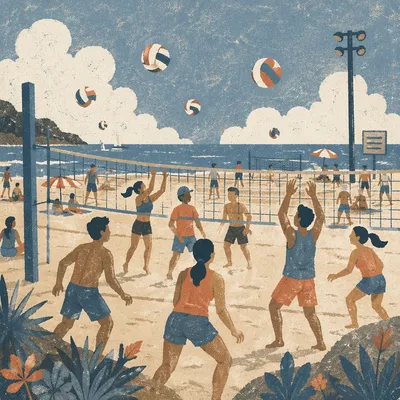 Vintage Beach Volleyball Summer Match Scene