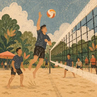 Summer Beach Volleyball Net Action Scene