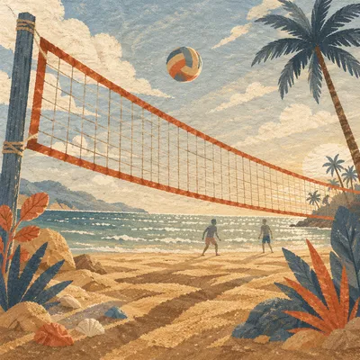Sunny Beach Volleyball Net at Sunset