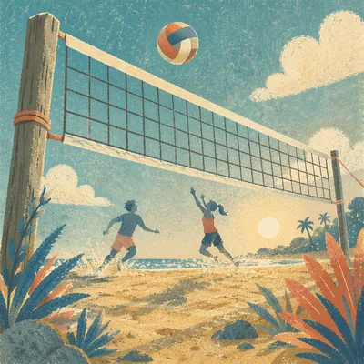 Golden Hour Beach Volleyball Net Scene